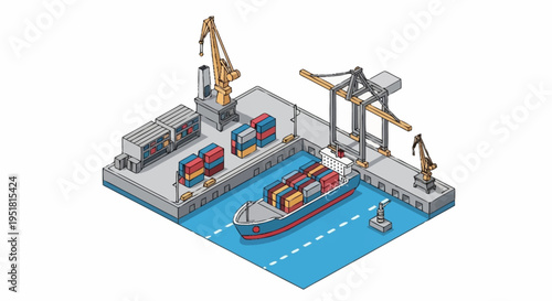 Isometric illustration of a busy container port with a cargo ship being loaded and unloaded by cranes.