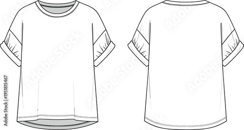 Women Oversized Crew Neck T-Shirt Vector Illustration with Drop Shoulder and Elasticated Puff Sleeve Detail Technical Fashion Flat Sketch Template