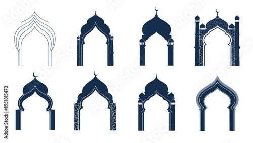 Collection of various Islamic arch silhouettes and mosque door frames with moon symbols designed for Ramadan and religious festival decorations.