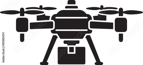 Delivery Drone Silhouette Icon with Package Isolated on White