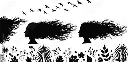 Woman profile silhouette with long flowing hair set with birds and floral leaf elements isolated on white background vector illustration