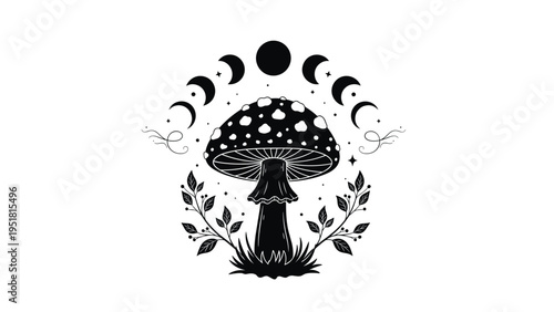 Enchanting mystical illustration of a spotted mushroom surrounded by various moon phases and botanical leafy elements, evoking a magical forest.