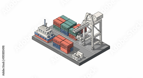 Isometric illustration of a container ship being loaded with cargo at a port using a large gantry crane.