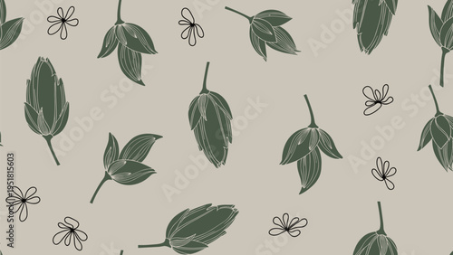 Botanical seamless pattern with green seed pods and small delicate flowers scattered on a muted beige background for a rustic and natural feel.