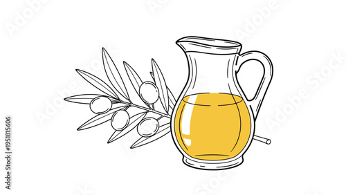 Minimalist illustration of a glass pitcher filled with golden olive oil, elegantly paired with a hand-drawn olive branch, symbolizing purity and quality.