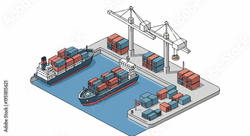 Isometric illustration of a busy shipping port with container ships being loaded and unloaded by cranes.