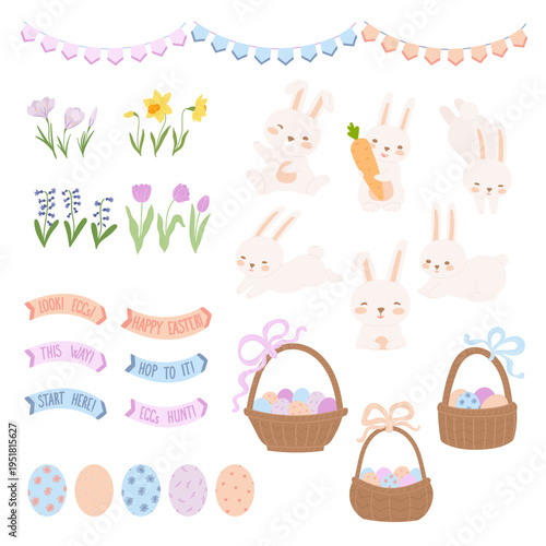 Easter set elements in flat cartoon design. Vector illustration isolated.