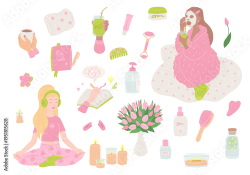 Woman beauty and self care set elements in flat cartoon design. Bundle of young girls meditating, doing skincare routine with cosmetic, drinking, write in journal, more. Vector illustration isolated.