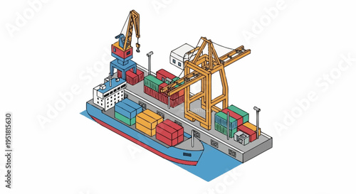 Illustration of a cargo ship being loaded with containers at a busy port with cranes and trucks.