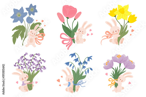 Cute bunny holding spring flowers bouquet set in flat cartoon design. Easter rabbit giving anemones, narcissus, tulip, hyacinth, crocus, bluebells. Lovely hare with gift. Vector illustration isolated.