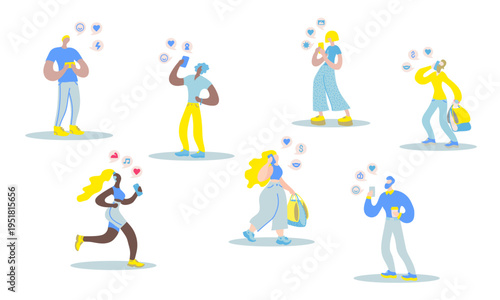 Vector flat illustration with young people with a device. Modern women and men use a mobile device. Concept of modern young people use their smartphones