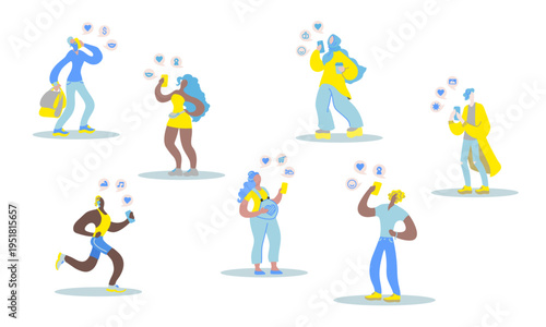 Vector flat illustration with young people with a device. Modern women and men use a mobile device. Concept of modern young people use their smartphones