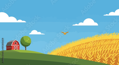 A vibrant rural landscape depicts a farm with a red barn golden wheat fields and a bird in flight silhouette