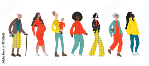 Vector hand drawn illustration with walking woman. Character design in colorful clothes. Banner with young, old, pregnant woman walks in a good mood with a child