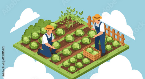 Isometric illustration depicting farmers harvesting cabbages in a lush garden under a bright sky a flat silhouette high quality professional detailed