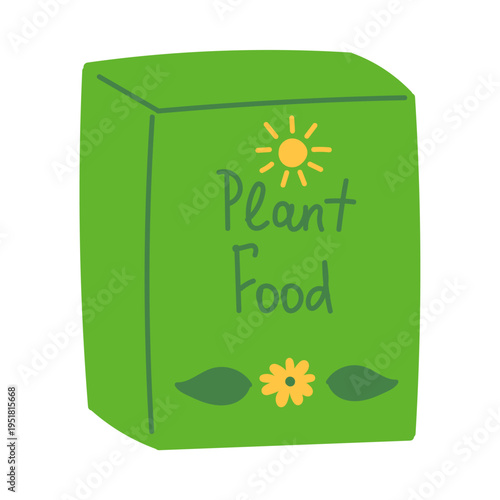 Fertilizer in green box in flat cartoon design. Plant food for growing in flowerpot and seeds germinating, domestic greenhouse nutrients. Gardening, horticulture and farming. Vector illustration