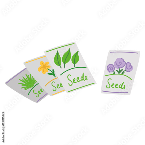 Herb and flower seeds in paper packages in flat cartoon design. Seeds packets for domestic greenhouse or garden for springtime germinating. Gardening, horticulture and farming. Vector illustration