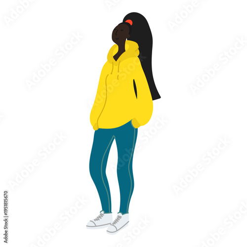Vector hand drawn illustration with walking women. Character design in colorful clothes. Young african woman walks in a good mood