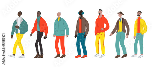 Vector hand drawn illustration with walking man. Character design in colorful clothes. Banner with young and old man walks in a good mood
