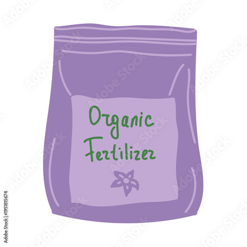Fertilizer in purple box in flat cartoon design. Organic plant food for growing in flowerpots or garden, nutrients for domestic greenhouse. Gardening, horticulture and farming. Vector illustration