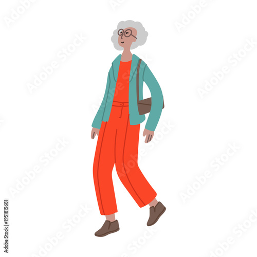 Vector hand drawn illustration with walking women. Character design in colorful clothes. Old woman walks in a good mood