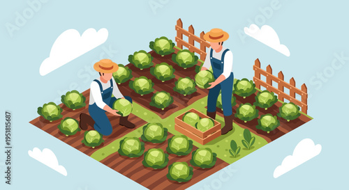 An isometric illustration displays two farmers tending to a vibrant cabbage patch under a bright sky silhouette high quality professional detailed