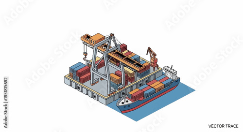 Isometric illustration of a container ship being loaded and unloaded at a port with cranes and stacked cargo containers.