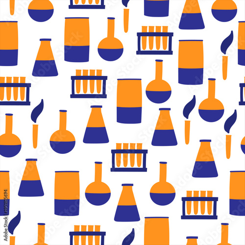 Vector seamless pattern with chemical vessels. Vector pattern with Laboratory and Scientific Glassware