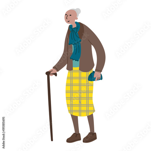 Vector hand drawn illustration with walking women. Character design in colorful clothes. Old woman walks in a good mood
