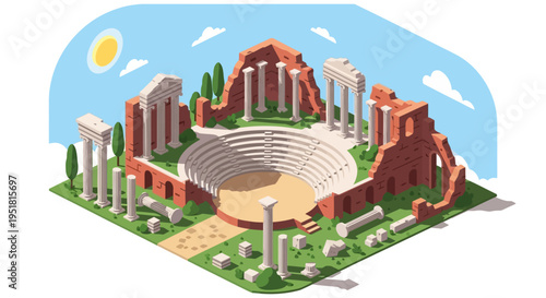 An isometric illustration depicts ancient roman ruins including a coliseum and columns against a bright sky silhouette high quality professional detailed