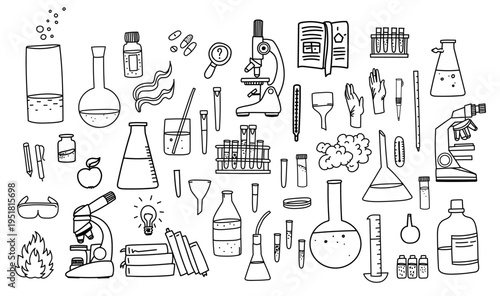 Vector illustration with a set with chemical vessels. Laboratory and Scientific Glassware