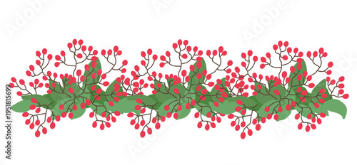 Red berry horizontal flowerbed edge on field in flat cartoon design. Spring seasonal bouquet border with abstract juicy fruits and leaves, ornament for botanical greeting card. Vector illustration
