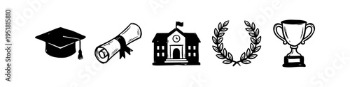 Set of hand-drawn education icons featuring a graduation cap, diploma, school building, laurel wreath, and trophy. Minimalist black and white sketch style for academic success and learning.