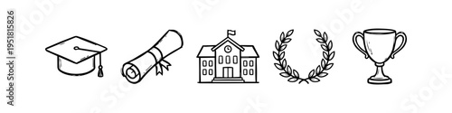 Set of hand-drawn education icons featuring a graduation cap, diploma, school building, laurel wreath, and trophy. Minimalist black line art sketch for graduation and academic success themes.
