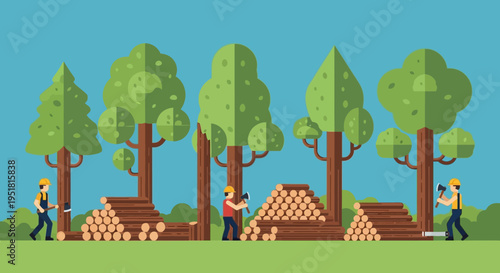 Lumberjacks felling trees and stacking logs in a stylized forest landscape a striking silhouette high quality professional detailed modern elegant stylish