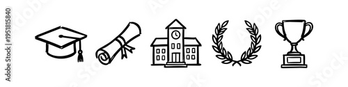 Set of hand-drawn education and success icons including a graduation cap, diploma, school building, laurel wreath, and trophy cup. Simple black line art on a white background.