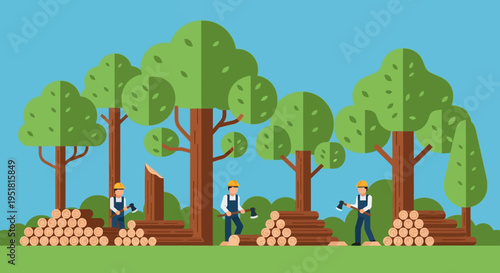 Lumberjacks work amidst a stylized forest of green trees felling timber with axes in a flat design silhouette high quality professional