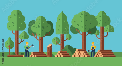 A vibrant forest scene depicts lumberjacks cutting trees and stacking wood rendered in a flat illustrative style silhouette high quality