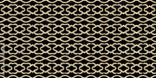 Intricate gold woven pattern against a dark solid black background