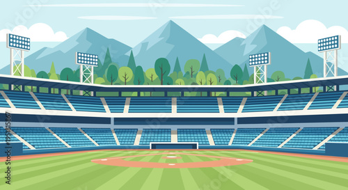 A vibrant baseball stadium scene unfolds against a mountainous backdrop showcasing a dramatic dark silhouette high quality professional detailed modern elegant
