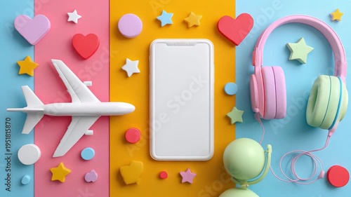 Colorful composition of airplane smartphone headphones and decorative elements