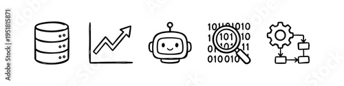 Hand-drawn doodle icons representing technology and AI concepts like database, growth chart, robot bot, data analysis, and workflow automation. Isolated on white background.