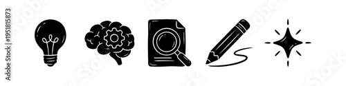 Set of black hand-drawn icons for creativity and business: light bulb, brain with gear, magnifying glass on paper, pencil, and sparkle. Ideal for infographics and web design.