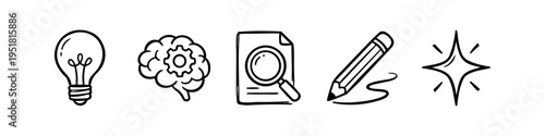 Set of five hand-drawn doodle icons representing the creative process: idea, thinking, research, design, and success. Minimalist black and white line art icons for business and education.