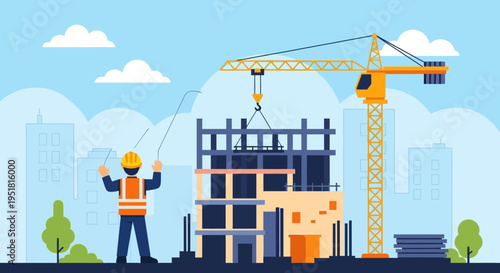 A construction scene depicts a worker and a large crane overseeing building development presented as a silhouette high quality professional detailed
