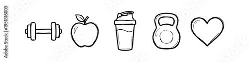 Hand-drawn sketch set of fitness and health icons including a dumbbell, apple, protein shaker, kettlebell, and heart, isolated on a white background.