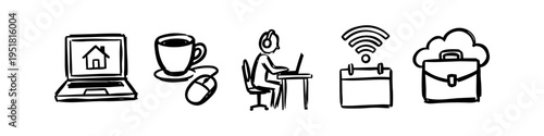 Minimalist hand-drawn icons illustrating remote work and home office concepts, including laptop, coffee, person working, Wi-Fi calendar, and cloud briefcase on a white background.