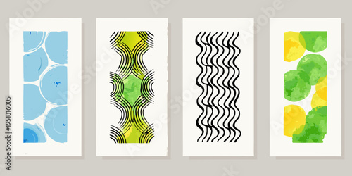 Four abstract vertical panels displaying colorful wavy and circular designs