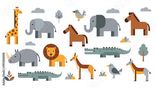 Collection of various wild and domestic animals including a giraffe lion elephant rhino horse and birds depicted in a modern flat geometric style.