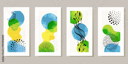 Abstract botanical art featuring colorful overlapping shapes and organic lines
